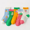 5 Pairs Girls' Knee-High Socks - Polyester and Spandex Blend, Hand Washable, Fruit Pattern, All-Season Knit Fabric for Children SK3024C