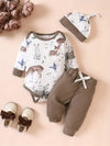3pcs Baby's Cartoon Deer Pattern Bodysuit + Hat + Casual Waffle Textured Pants, Toddler & Infant Girl's Outdoor Clothing Set BS6044F