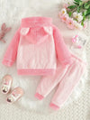 2pcs Adorable Cartoon Cat Fleece Plush Long Sleeve Hoodie And Pants Outfit Set For Baby Girls, Soft Cute And Comfortable Wear For Autumn/Winter HJ6208A