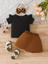 3pcs Casual Crew Neck Short Sleeve Top and Pleated Skirt Set, Polyester Knit Fabric, Slight Stretch, Solid Color, Regular Fit, with Bow Detail and Matching Headband FD6122C