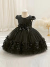 Baby's Elegant Flower Applique Tulle Princess Dress, Puff Sleeve Lace Gown, Toddler Girl's Clothing For Formal Occasion/Birthday Party/Photography/Banquet FD6125H