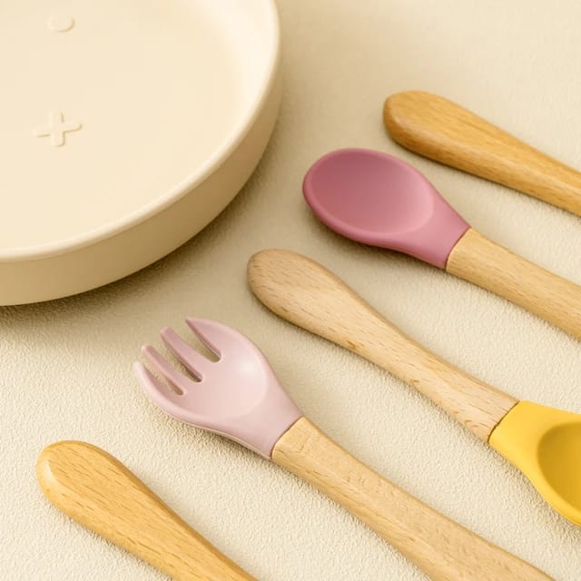 Pink Baby Spoon Fork 2 Pc Set Children's Silicone Wooden Feeding Training Set FS105D