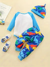 Boys' 3pcs Set: 'Mom's Little Monster' Long Sleeve Onesie, Dinosaur Print Pants & Stylish Hat - Perfect for Spring/Fall BS6044A