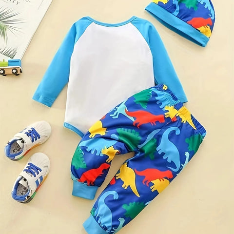 Boys' 3pcs Set: 'Mom's Little Monster' Long Sleeve Onesie, Dinosaur Print Pants & Stylish Hat - Perfect for Spring/Fall BS6044