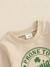 Boys' Cotton Suit Apricot Top with Print Round Neck Sweatshirt Long Sleeve Green Pocket Pants Two Piece Set TS6404B
