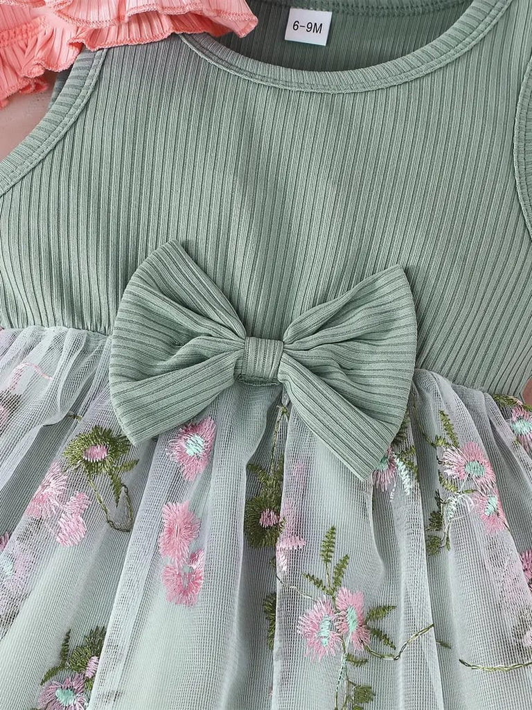 Charming Girls' Pink Cardigan with Ruffled Sleeves & Floral Mesh Dress Set - Polyester Blend, Casual Style with Bow Detail, Perfect for Spring/Summer, Baby Girl Apparel FD6121I