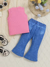 Adorable Baby Girl Set, Fashionable Ruched Floral Top with Imitation Denim Flare Pants, Suitable for Spring and Summer Outdoor Play, Beach Vacation Outfit, Perfect for Outdoor FD6402H