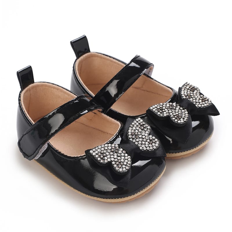 Black Fashionable Baby Girl's Bow with Rhinestone Decor Rubber Anti-Slip Soft Sole Shoes SH7125A