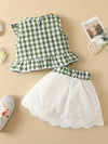 2pcs Summer Casual Scholastic Girls Sleeveless Plaid Ruffle Short Top + Skirt Set, Perfect for Outdoor FD6126G