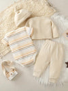 4-Piece Set, Boys' Cartoon Giraffe Cotton Pants Outfit, Long Sleeve, Air Cotton, Casual Round Neck, Stretch Knit, Regular Fit BS6098D
