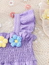 Girls' Casual Solid Color Romper with Waistband & Floral Detailing - Easy-Care Baby Jumpsuit for Everyday Play, Baby Girl Outfits, Elegant Floral Design FD6408A