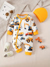 Cartoon Car Print Long Sleeve Round Neck Bodysuit and Hat 2pcs Casual Set, Perfect for Outdoor BS6138C