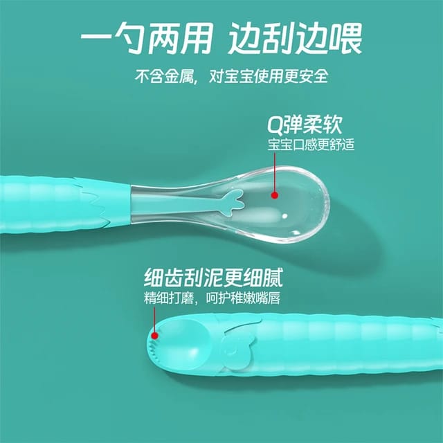 Green 2 Pcs Silicone Training Spoon, Rounded Edge Double Head Baby Silicone Food Spoon Set FS109A