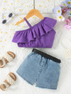 Summer baby girl cute purple Single shoulder Halter ruffled Lace Top & Chic denim shorts holiday suit, Perfect for Outdoor FD6124G