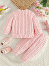 2pcs, Baby Girl's Cute Bunny Embroidery Long Sleeves Warm Plush Top + Versatile Long Pants Co Of Set, Casual Comfy Outdoor Clothes For Fall Winter HJ6208F