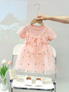 Pink Summer Princess Dress for Girls - Cotton Blend Short Sleeve Tutu with Tulle Skirt, Round Neck, Adorable Bow FD6110C