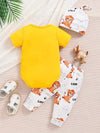 Baby's "Little Lion" Print 3pcs Summer Casual Outfit, Short Sleeve Onesie & Hat & Pants Set, Toddler & Infant Clothes BS6044D