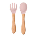 Pink Baby Spoon Fork 2 Pc Set Children's Silicone Wooden Feeding Training Set FS105D