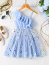 Charming Light Blue Girls' Dress with Ruffle Detail - One-Shoulder, Embroidered Floral Mesh Overlay Dress FD6108H