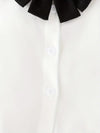 Girls' Summer Outfit - White Long Sleeve Ruffle-Sleeve Shirt with Bow Tie & Black Shorts, Casual Polyester Knit Fabric with Elastane, Solid Color 2pcs Set FD6124E