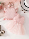 Girls 3pcs Summer Outfit Set - Sleeveless Ruffle Jacket, Tulle Umbrella Skirt with Bow Hair Bands - 100% Polyester Casual Dress for Outdoor Activities FD6127E