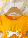 2pcs Set for Girls with Short Sleeves and Bow Top + Floral Print Pants, Perfect for Outdoor FD6125B