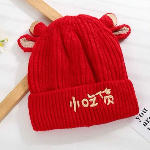 Red Lovely Creative Knitting Cow Horns Woolen Warm Cap CP5071D