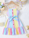 Girls' Summer Striped Sleeveless Dress with Ruffle Hem, Button Details & Belt - Colorful Pastel Stripes FD6112H