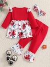 3pcs Baby's Bow Decor Floral Pattern Peplum Top + Bell-bottom Pants, Toddler & Infant Girl's Clothing Set FD6097