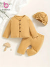 2pcs Set for Newborns Features a Simple And Comfortable Outfit, with a Long-Sleeve Open-Front Top Paired with Matching Color Pants, Complete with a Large Bow Hat BS6098E