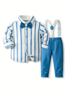 2pcs, Striped Button Up Shirt With A Bow Tie, And Suspender Pants For Baby Boys SD6106G