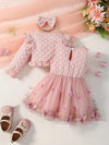 2pcs Baby's Elegant Butterfly Embroidery Mesh Splicing Dress + Ruffled Flower Jacquard Cardigan + Headwear, Toddler & Infant Girl's Clothing Outdoor Set For Spring Fall FD6102B