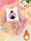 1 Set Cute Ladybug Embroidered Pink and White Fleece Baby Girl Outfit, Polyester Knit Fabric, High Stretch Regular Fit Pants and Long Sleeve Top for Fall/Winter, for Outdoor FD6129G