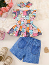 Spring/Summer Girls' Cute Kitten Print Flying Sleeve Top and Shorts Set, Perfect for Outdoor FD6125F