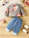 A Set of Two Cute Girl Floral Print Tops with Ruffled Long Sleeves And Round Neck, Paired with Light-Wash Blue Drawstring Cuffed Jeans Featuring a Floral Tie Design FD6139F