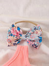 2pcs Baby Girl Summer Outfit Set, Sleeveless Floral Patchwork Bodysuit with Matching Bow Headband BS6101E