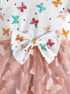 Adorable Summer Girls' Fashion Dress - Double-Sided Brushed Digital Butterfly Print, Pink Tulle Overlay with Large Bow Detail FD6110A