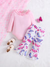 2 Pcs Baby's Cartoon Butterfly Print Ruffled Bodysuit & Trendy Bell-bottom Pants, Toddler & Infant Girl's Outdoor Clothing Set For Spring BS6101A