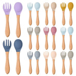 Sky Blue Baby Spoon Fork 2 Pc Set Children's Silicone Wooden Feeding Training Set FS105A