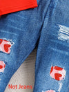 Two-Piece Set for Youngsters, Featuring a Red Love Print Pattern in a Soft And Comfortable Fabric, Short-Sleeved Imitation Faux Denim, And Long Pants with a Ripped Design, for Outdoor FD6402F