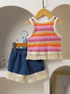 Girls' Fashion Tassel Top + Denim Shorts Set of 2 FD6114D