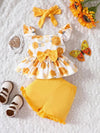 3pcs Baby Girls Cute Floral Graphic Print Bowknot Ruffle Trim Camisole Top & Shorts & Headband Set Clothes FD6112I
