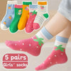 5 Pairs Girls' Knee-High Socks - Polyester and Spandex Blend, Hand Washable, Fruit Pattern, All-Season Knit Fabric for Children SK3024C