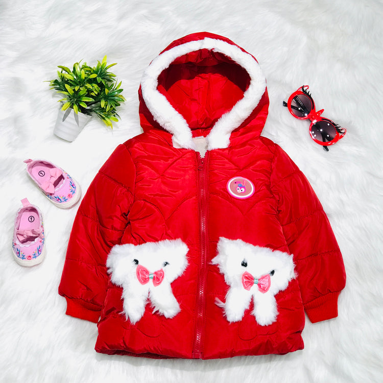 Girls Red Warm Inner Furr Hoodied Puffer Jacket HJ6201A