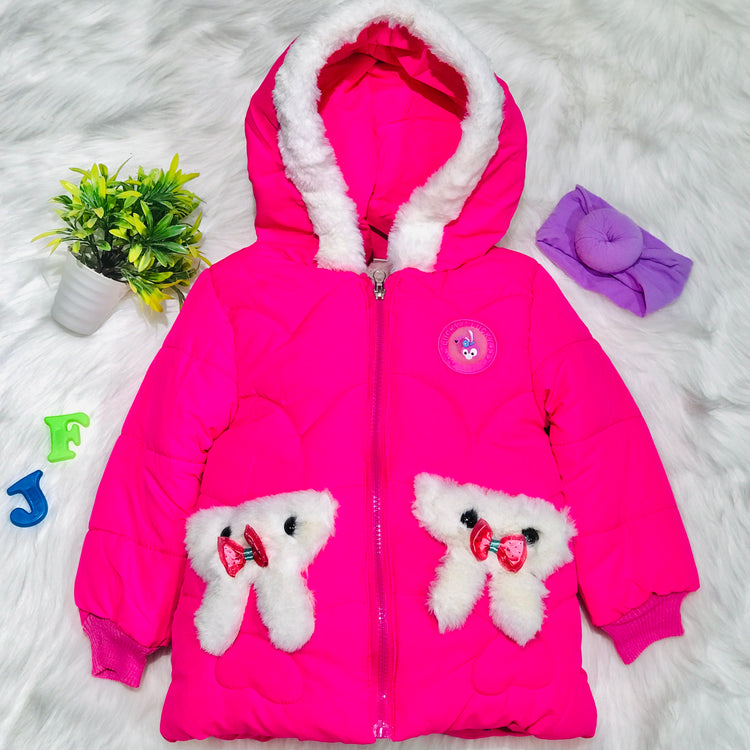 Girls Pink Warm Inner Furr Hoodied Puffer Jacket HJ6201C