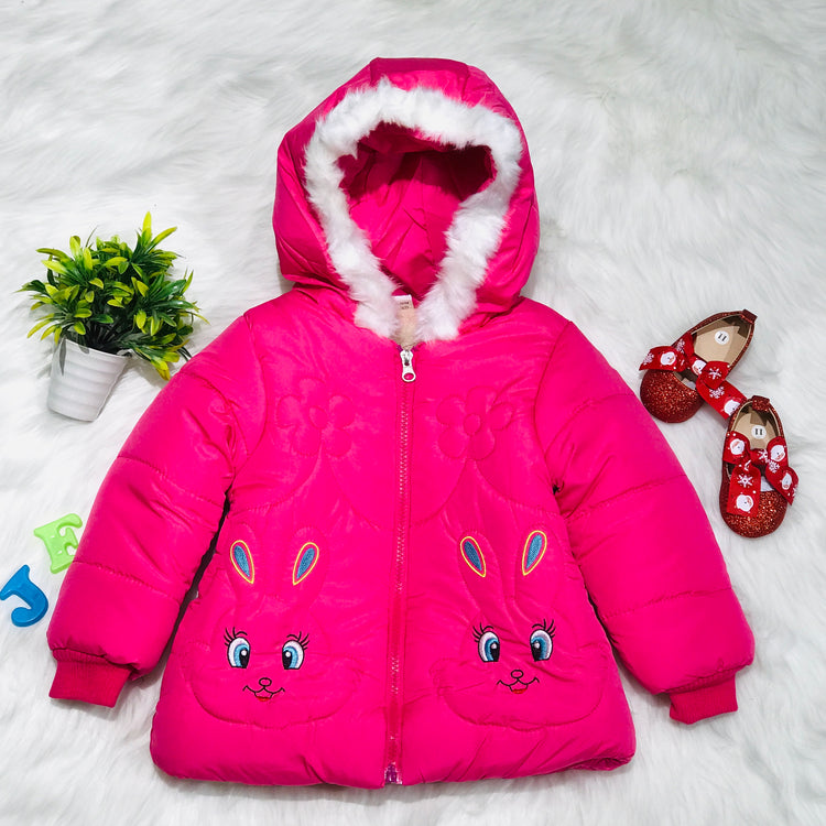 Girls Rabbit Pink Warm Inner Furr Hoodied Puffer Jacket HJ6206D