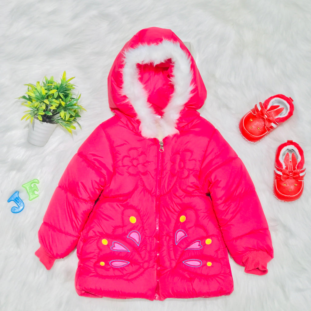 Girls Pink Butterfly Warm Inner Furr Hoodied Puffer Jacket HJ6206C