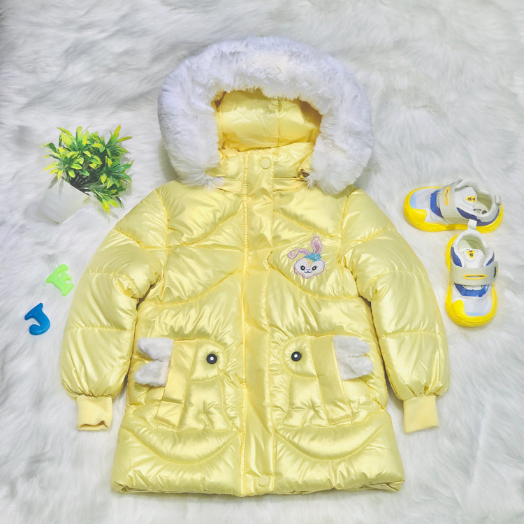 Girls Yellow Warm Inner Furr Hoodied Puffer Jacket HJ6202D