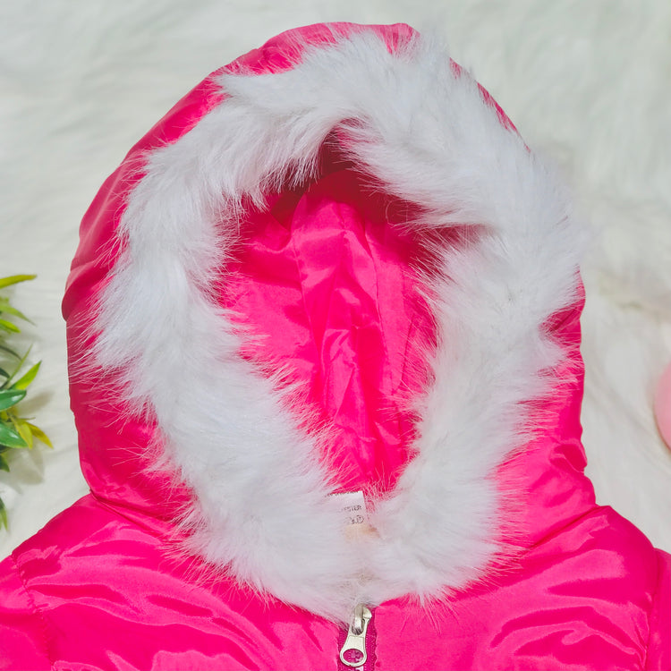 Girls Shocking Pink Butterfly Warm Inner Furr Hoodied Puffer Jacket HJ6206A