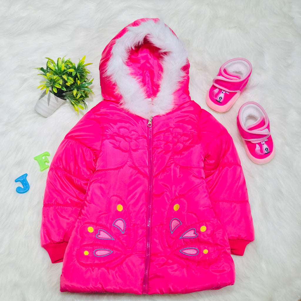 Girls Shocking Pink Butterfly Warm Inner Furr Hoodied Puffer Jacket HJ6206A